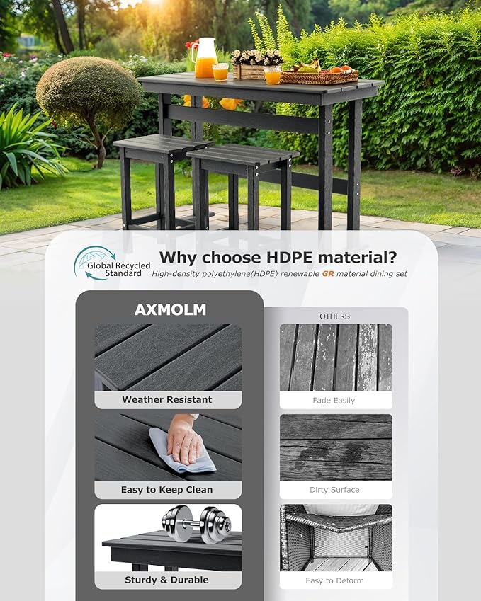 3 Piece HDPE Outdoor Bar Height Table and Chairs Set of 2 Includes High Top Patio Table and Chairs, Outside Patio Bar Set for Bistro,Balcony,Backyard,Poolside (Grey, 3 Piece) Rootora