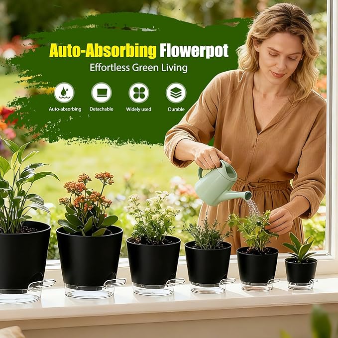 Plant Pots 4/5/5.5/6/6.5/7/8 Inch Self Watering Pots, 7 Pack Plastic Planters with Drainage Holes and Clear Saucers,Plastic Flower Pots,Nursery Planting Pot for Indoor Out Door Plants(Black) SQKH