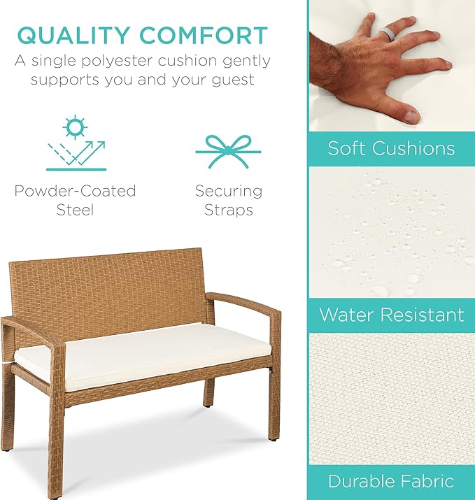 Best Choice Products Outdoor Bench 2-Person Wicker Garden Patio Benches Seating Furniture for Backyard, Porch w/Seat Cushion, 700lb Capacity - Ivory/Natural BestChoiceProducts