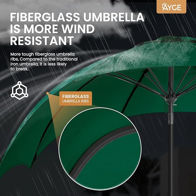 Ayge 9FT Large Outdoor Patio Umbrella Market Table Umbrella-UV Resistant, Easy Push Button Tilt and Crank, 8 Sturdy Fiberglass Ribs Heavy-Duty Pool Umbrella for Deck, Backyard,Garden,Green AYGE
