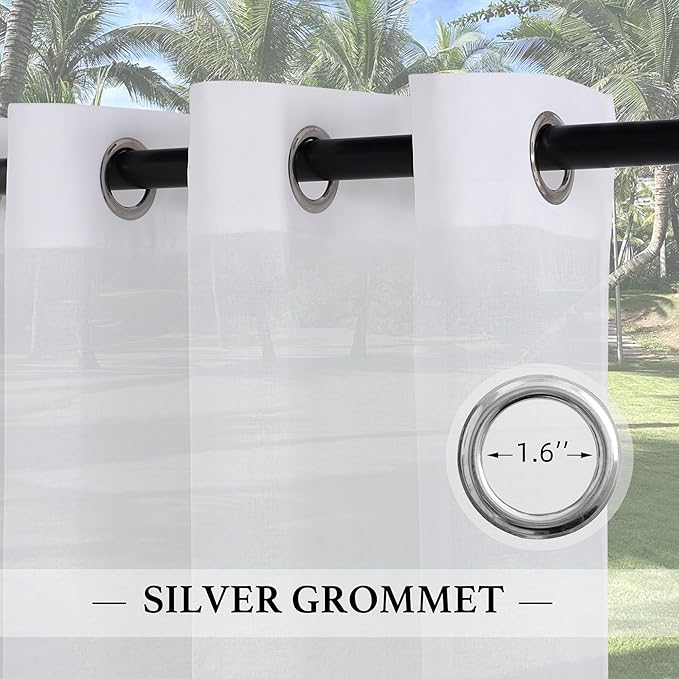 RYB HOME 2 Panels Porch Curtains Outdoor - Linen Look White Sheer Drapes Waterproof, Sun Light Glare Filter Panels for Outside Wedding Lanai Patio Balcony Terrace, W 54 x L 120 inch RYBHOME