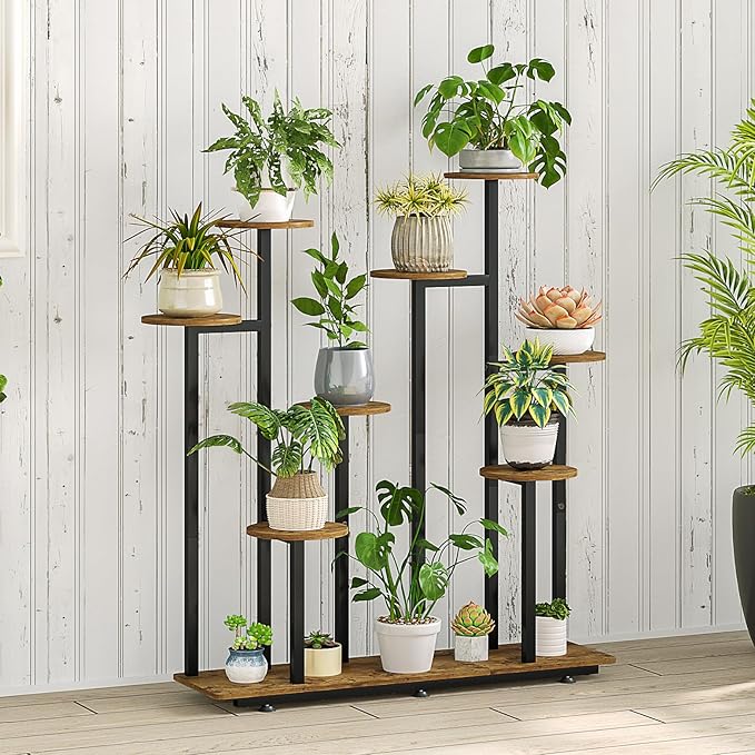 Plant Stand Indoor 9 Tier 11 Potted Multiple Flower Pot Holder for Patio Garden Balcony Living Room Corner (9 Tier Black+Rustic Brown) INGIORDAR