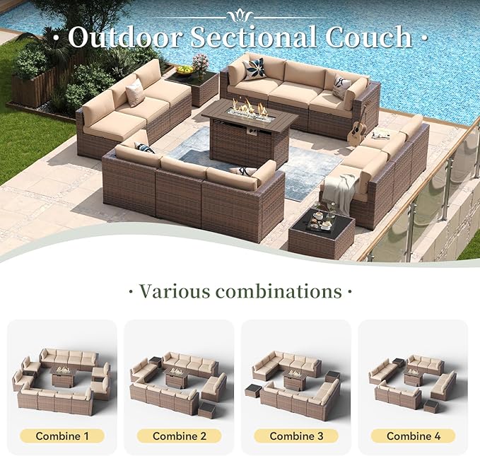 Aoxun 15 Piece Patio Furniture Set with 44” Fire Pit Table Wicker Rattan Outdoor Sectional Sofa Set with Coffee Table and Thickened Cushions, Beige (Waterproof Cover Included) Aoxun