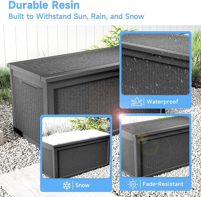 310 Gallon Lockable Outdoor Storage Box – Waterproof Resin Deck Box for Patio Furniture, Garden Tools, Pool Accessories (Black) Rootora