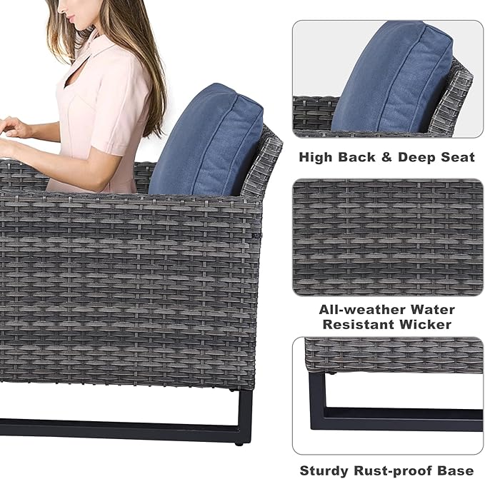 Belord 7 Piece Outdoor Furniture Patio Wicker Sofa Set, Oversize Outdoor Dining Chairs with Rattan Ottomans, Conversation Sets Patio Furniture Come with Removable Washable Cushion Blue Belord