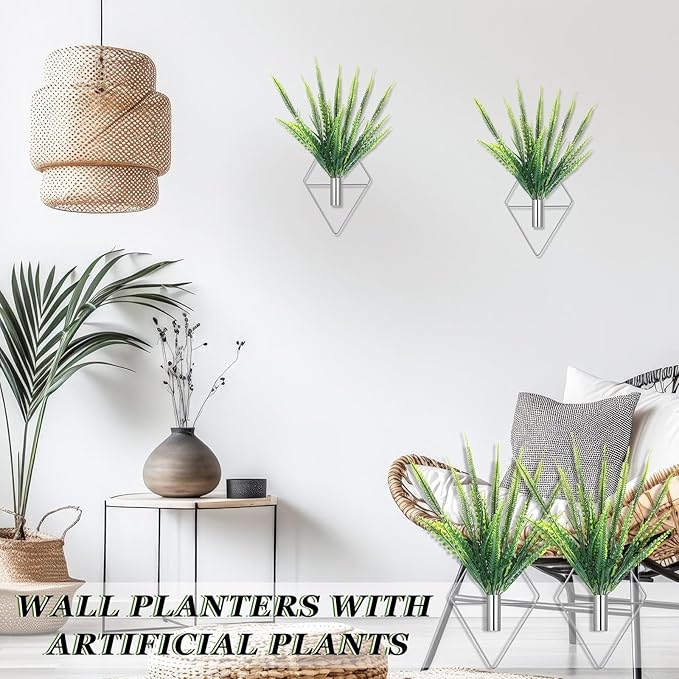 2 Pieces Wall Decor Hanging Planters with Artificial Plants Metal Hanging Vase Indoor Plants Holder Modern Boho Wall Art for Bathroom Bedroom Living Room Decor(Silver,Boston Fern) Canlierr