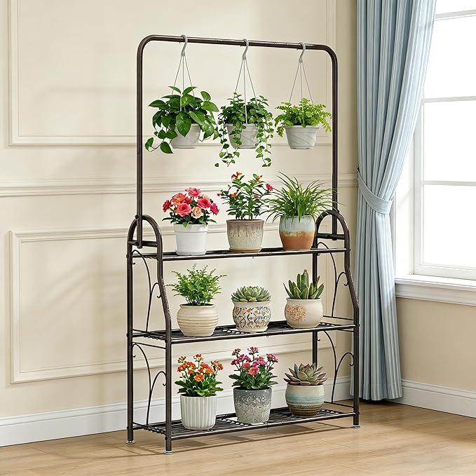 SORCEDAS Plant Stand Indoor Outdoor 3 Tier Tall Corner Hanging Shelf Metal Flower Stands Ladder Holder for Living Room Balcony Garden Patio Multiple Plants, Bronze SpecialYourHome