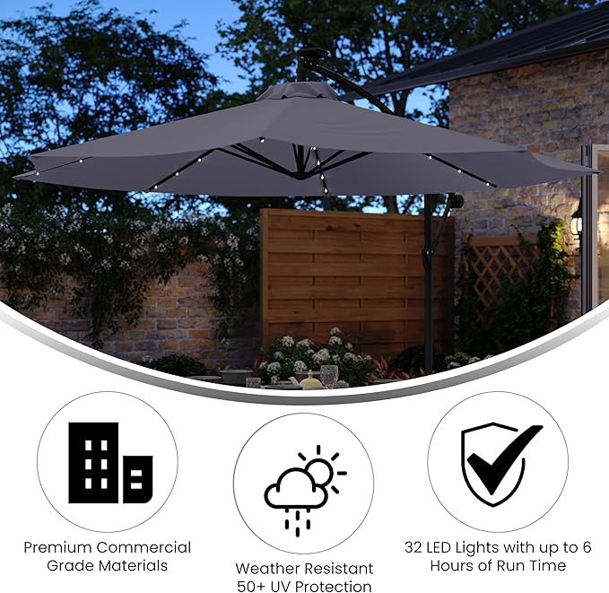 Flash Furniture Sedona Round Solar Cantilever Umbrella, Commercial Grade with Built in Cross Base, Crank and Tilt, 32 LED Lights, 6 Hour Run Time, 10 FT, Gray FlashFurniture