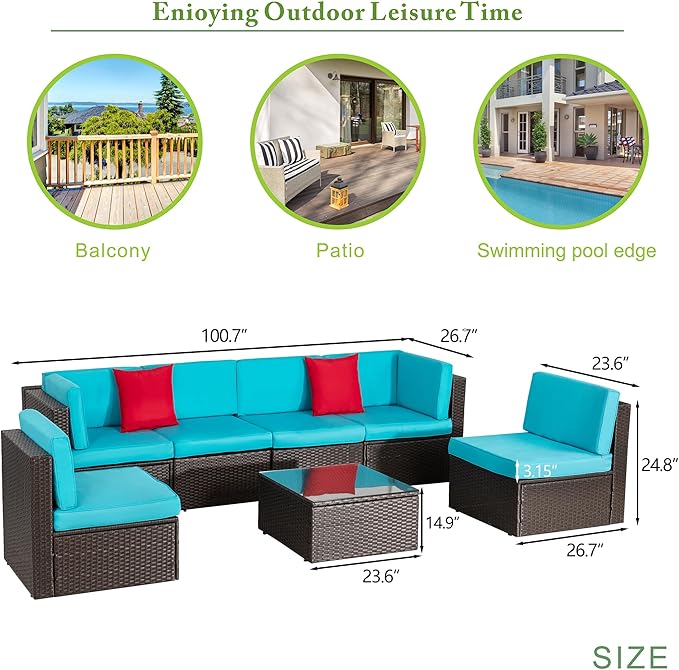 Vongrasig 7 Pieces Patio Furniture Sets, Outdoor All-Weather Wicker Patio Conversation Sets, L-Shaped Rattan Sectional Patio Sofa with Glass Table for Backyard, Blue Vongrasig