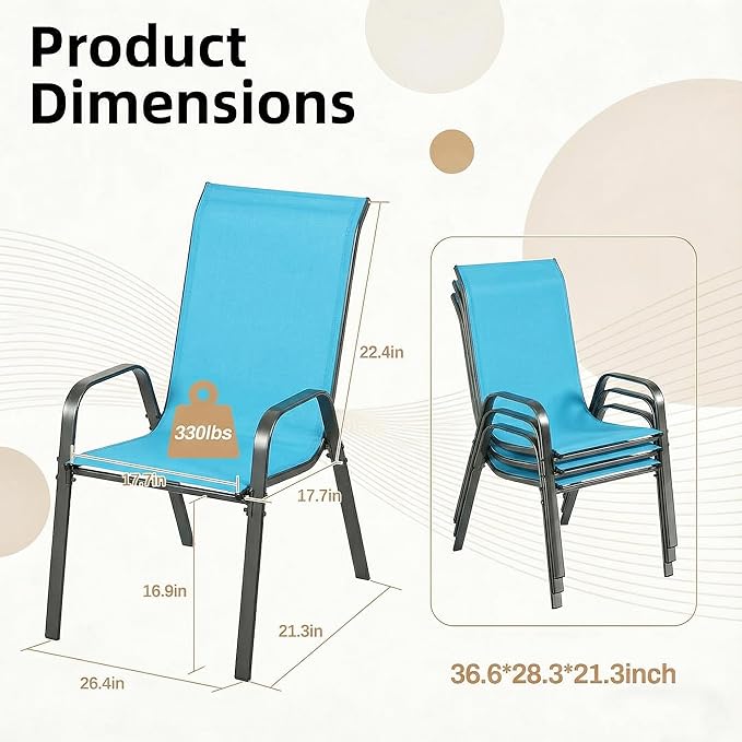 MAMIZO Patio Dining Chairs, Stackable All Weather Teslin Chair, Heavy Duty Outdoor Breathable Chairs Set, w/Armrests, Upgraded Chair FeetW/Strenthened Iron Spacers, 330 LBS (8, Turquoise Blue) MAMIZO