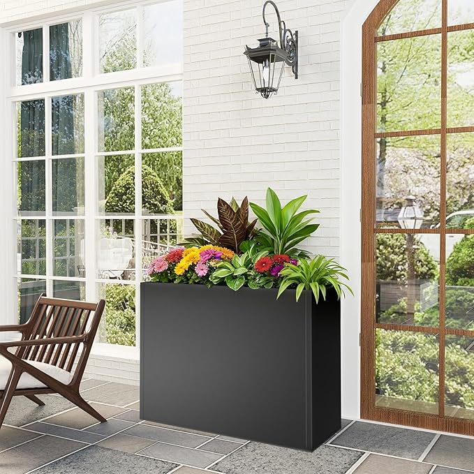 Metal Large Planter Box 38" L x 13" W x 30" H, Heavy Duty Tall Rectangle Outdoor Planter Box with Removable Insert Shelves for Porch, Garden, Patio, Yard (Black) Baotree