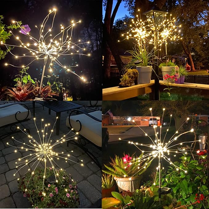 JJGoo Outdoor Solar Lights Firework, 2 Pack 120 LEDs Waterproof Solar Lights for Outside Garden Yard Pathway Fence - Warm White JJGoo