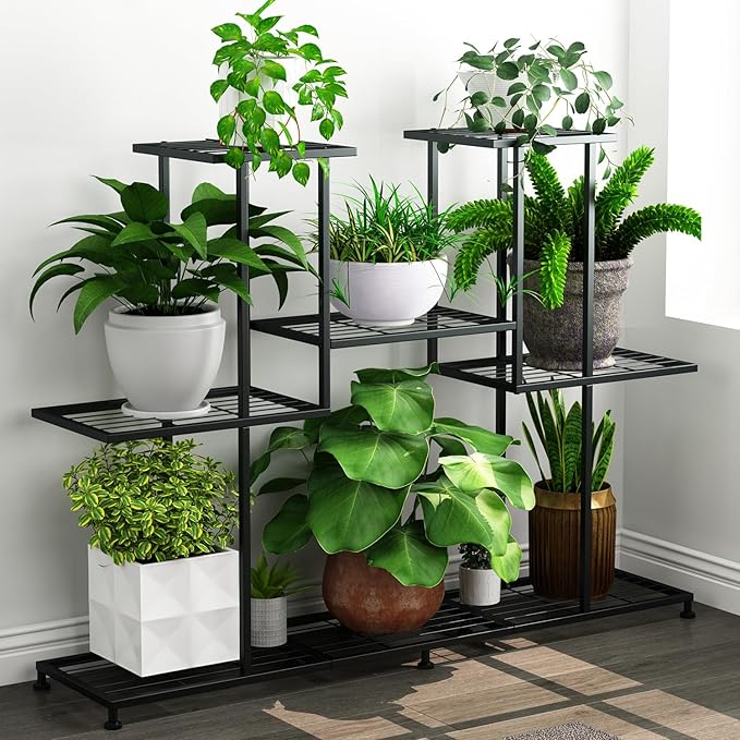 Twhep Metal Plant Stand, 5 Tiers Multifunctional Plant Stands for Indoor Plants, Decorative Black Steel Plant Shelf for Indoor Patio Garden Balcony and Yard (4 tiers 12 pots) Twhep
