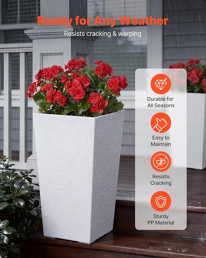 VEVOR Set of 2 Tall Planters for Outdoor Plants 22 inch, White Tall Planter for Indoor Plants, Modern Planters for Front Porch Patio Balcony, Plant Container Flower Pots with Built-in Drainage VEVOR