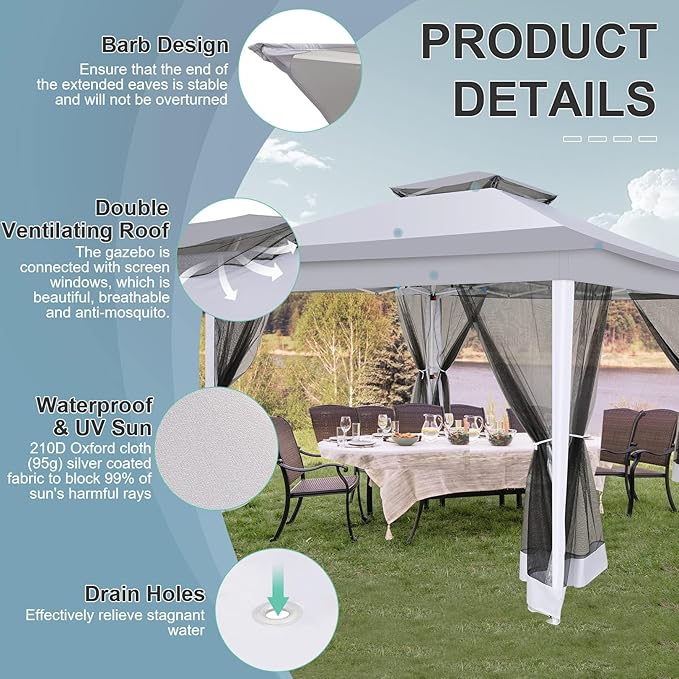 COBIZI 12x12 Pop up Gazebo on Clearance with Mosquito Netting, carpas para Patio Deals, Outdoor Canopy Tent with Portable Carrying Bag, Patio Gazebo for Garden Backyard & Lawn & Beach, Grey COBIZI