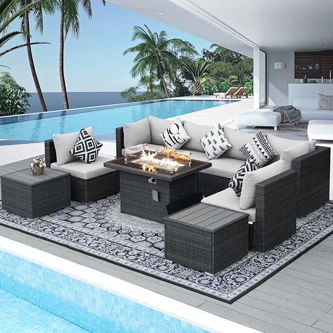 NICESOUL 9 Piece Patio Set with Firepits Natural Gas/Propane, 29.3'' High Back Comfortable L Shape Outdoor Conversations, XL Large Size Deep Seated Wicker Sectional Sofa Furniture Set, Gray NICESOUL