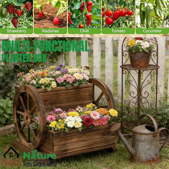 NestNature Wooden Wagon Planter Box,Raised Garden Bed,Decorative Garden Planters with Wheels-Outside Flower Pots for Indoor/Outdoor Décor Plants NestNature