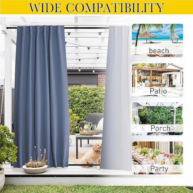 NICETOWN 2 Panels Outdoor Curtains Waterproof Pocket & Back Tab on Top & Bottom, Thermal Insulated Windproof Sun Blocking Outside Privacy Drapes for Patio with Fixed Rope, W84 x L84, Stone Blue NICETOWN