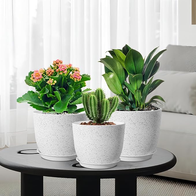 10/9/8 inch Medium Plant Pots, Set of 3 Modern Decorative Plastic Planters with Drainage Holes and Saucers for Garden House Plants, Flower Pots for Indoor Outdoor Plants, Speckled White WSMKSZ