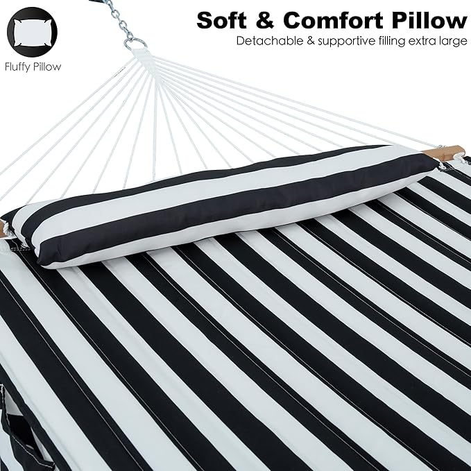 2 Person Hammocks for Outside, Double Quilted Fabric Outdoor Hammock with Spreader Bar, Large Removable Pillow, Storage Pockets, Carabiners, Max 475 lbs Capacity (Black White) GafeteOutdoorLiving