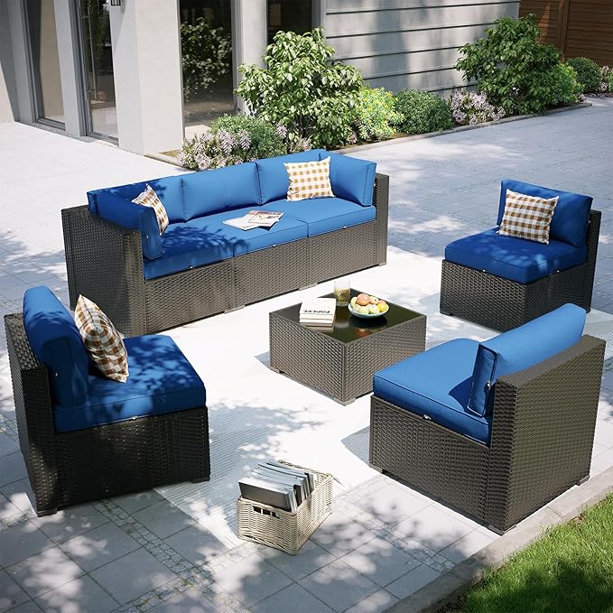 Aoxun Patio Furniture Set, 7 Piece Outdoor Sectional Sofas with Waterproof Cover, Wicker Rattan Outdoor Furniture Patio Conversation Set for Backyard, Garden Navy Blue Aoxun