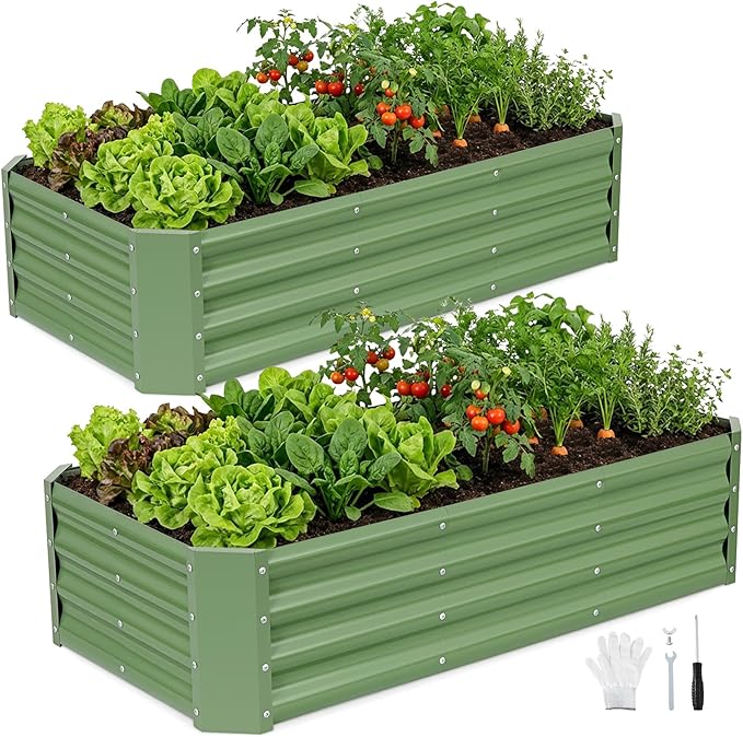 INNO STAGE 2 Pcs 4×2×1ft Galvanized Raised Garden Bed Kit, Galvanized Planter Raised Garden Boxes Outdoor, Large Metal Raised Garden Beds for Vegetables, Flowers, Herbs, and Succulents, OliverGreen INNOSTAGE
