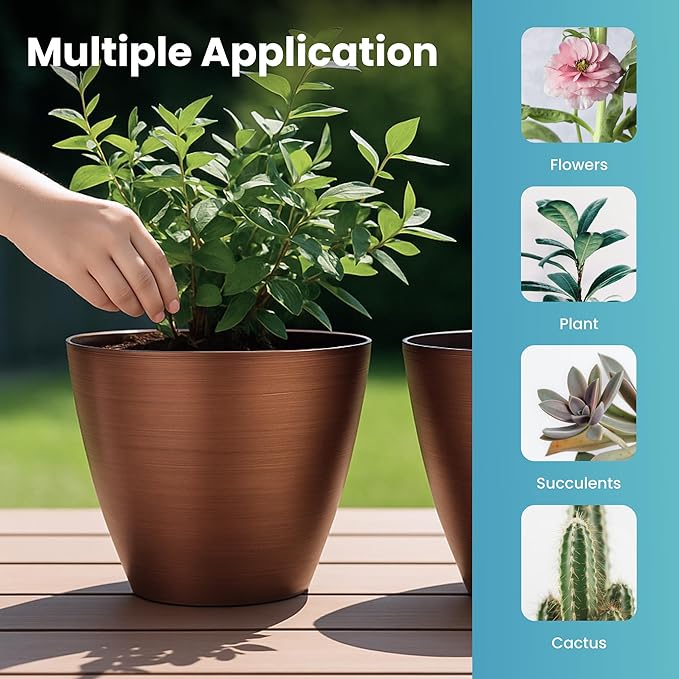 2 Pack Plastic Plant Pots with Drainage Holes, 8 inch Planter for Indoor Outdoor Plant, Garden Flower Pots for Aloe, Herbs, Cactus (Brushed Copper, 2pcs) Vanslogreen