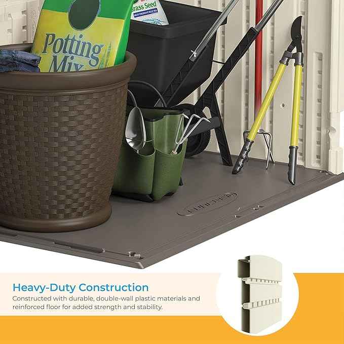 Suncast 34 Cu Ft Horizontal Resin Plastic Storage Shed - Outdoor Storage Shed with Floor Included, Lockable, Weatherproof, Fits Small to Medium Trash Cans, Generators, & Garden Tools, Vanilla Stoney