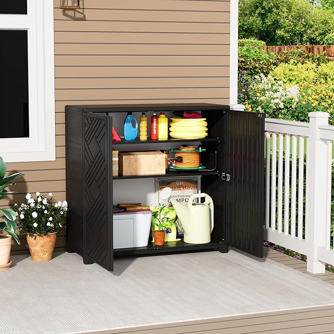 Outdoor/Indoor Storage Box,Resin and Plastic Storage Cabinet Waterproof,Outdoor Cabinet for Patio/Garden/Balcony/Backyard/All Room(with 2 Shelves)-Black Mrosaa