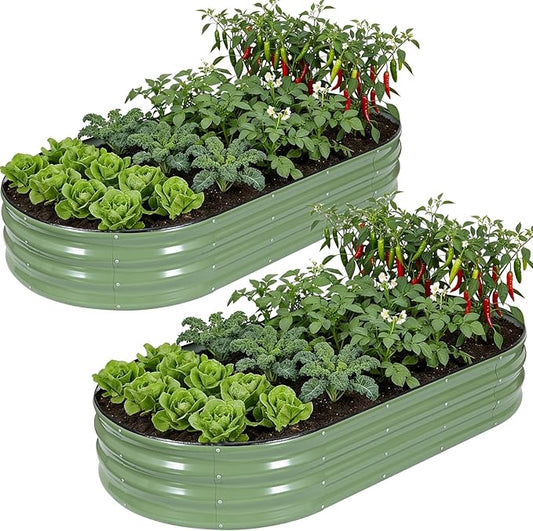 Galvanized Raised Garden Bed Outdoor, 6x3x1ft Oval Metal Raised Beds for Gardening, Rust-Resistant Garden Planter Box for Planting Vegetables, Flowers, Fruits in Lawn(Olive Green, 2 Packs) HEALSTOK