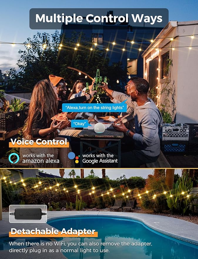 XMCOSY+ Smart Outdoor String Lights, 75Ft G40 Globe Patio Lights with 34 Dimmable LED Bulbs, WiFi & APP Control, Work with Alexa, Extendable Waterproof LED String Lights for Outside, Porch, Backyard XMcosy