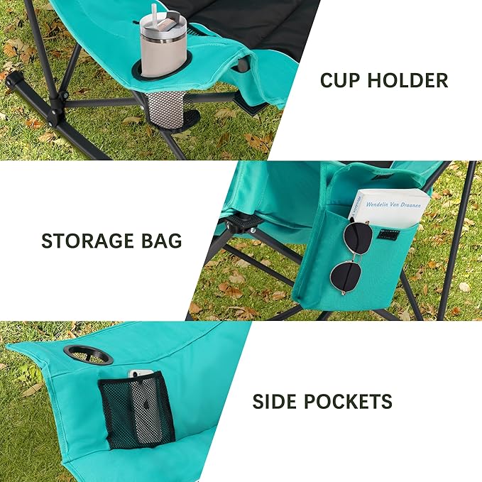 Oversized Rocking Camping Chair with Headrest & Cup Holder - 400lbs Capacity, 600D Oxford Fabric, Easy Fold Portable Outdoor Rocker Chair for Camping, Backyard, Beach, Blackgreen Rootora