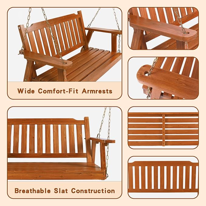Wooden Porch Swing 2-Seater, Bench Swing with Hanging Chains, Heavy Duty 800 LBS, for Outdoor Patio Garden Yard, 4 Ft, Brown Anraja