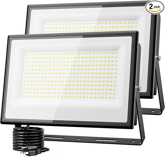 Olafus 2 Pack 300W LED Flood Light Outdoor, Super Bright Outside Floodlights with Plug, IP66 Waterproof 6500K Daylight White Exterior Security Light for Yard Stadium Lawn Barn Olafus