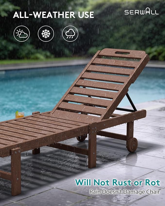 SERWALL Patio Chaise Lounge, HDPE Outdoor Lounge Chair with Cup Holder, 5 Positions Adjustable Poly Lounger with Rolling Wheels for Poolside, Deck, Sunbathing, Brown SERWALL