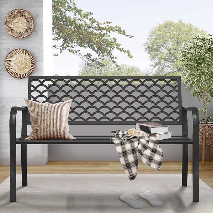 On Shine Outdoor Garden Bench Cast Iron Steel Outdoor Bench Clearance Weatherproof Metal Park Bench for Porch, Yard, Lawn, Deck (Scale) Rootora