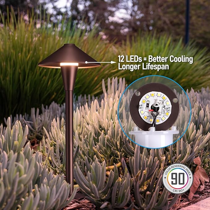 LEONLITE Update 5CCT Low Voltage Pathway Lights, LED Landscape Path Lights, 1800/2700/3000/4000/5000K, Flat Cone Head, 12-24V AC/DC, IP65 Outdoor Walkway Light, Oil Rubbed Bronze Aluminum, Pack of 6 LEONLITE