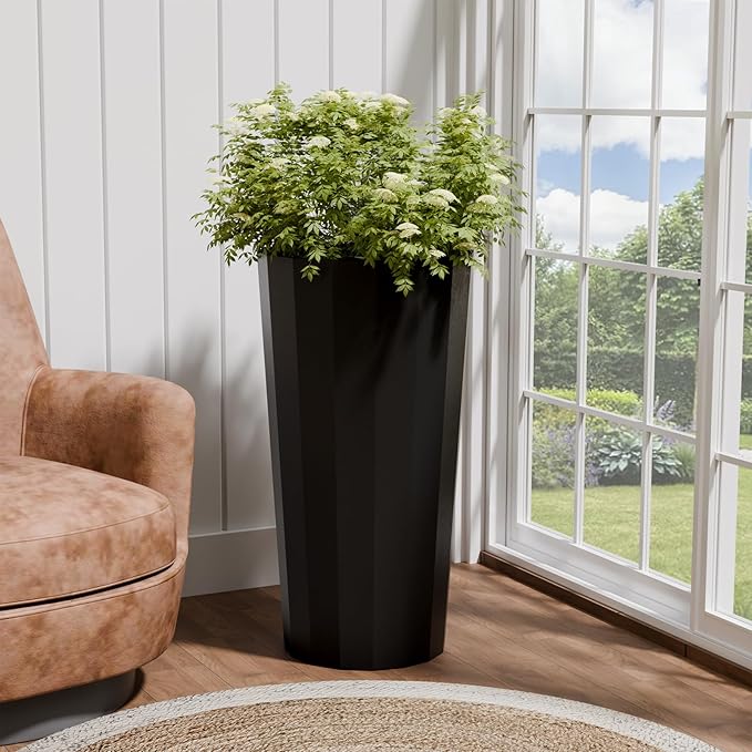 23.6" Tall Outdoor Planters Set of 2, Large Planters for Outdoor Plants for Porch Decor with Drainage Hole, Wide Stripe Design Porch Flower Pots for Indoor Pot Patio/Garden, Black Outdoorchairs