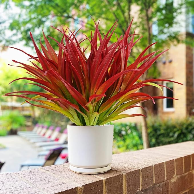 32Pcs Artificial Grass Fake Plants 17.3in Outdoor Plants UV Resistant Greenery Stems Fake Grass for Home Window Garden Office Patio Pathway Front Porch Décor Light Green & Red Phliofd