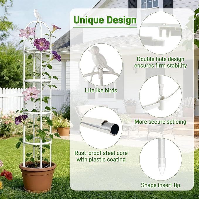 6ft Garden Obelisk Trellis for Climbing Plants-Rustproof Metal Pipe with Heavy Duty Plastic Coated, Garden Outdoor Indoor Potted Plant Support for Clematis Vine Jasmine Support （White） Anothera