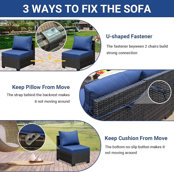 Jing's Villa 2 Piece Outdoor Wicker Armless Sofa, Patio Rattan Sectional Sofa Set with Thick Seat Cushions and 2 Back Cushions for Garden Patio, Backyard, Poolside Navy JingsVillaOutdoorFurniture