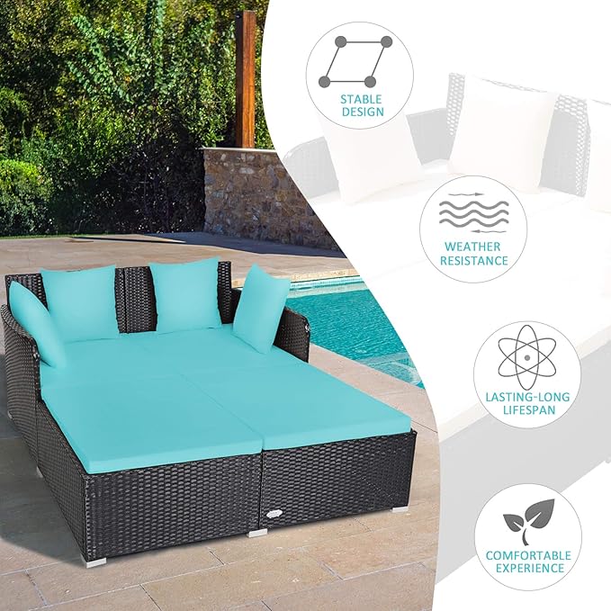 Tangkula Outdoor Rattan Daybed, Sunbed Wicker Furniture w/Spacious Seat, Upholstered Cushion & High-Resilience Sponge, Wicker Patio Sofa Set w/Extra Pillows for Courtyard Poolside(Turquoise) TANGKULA