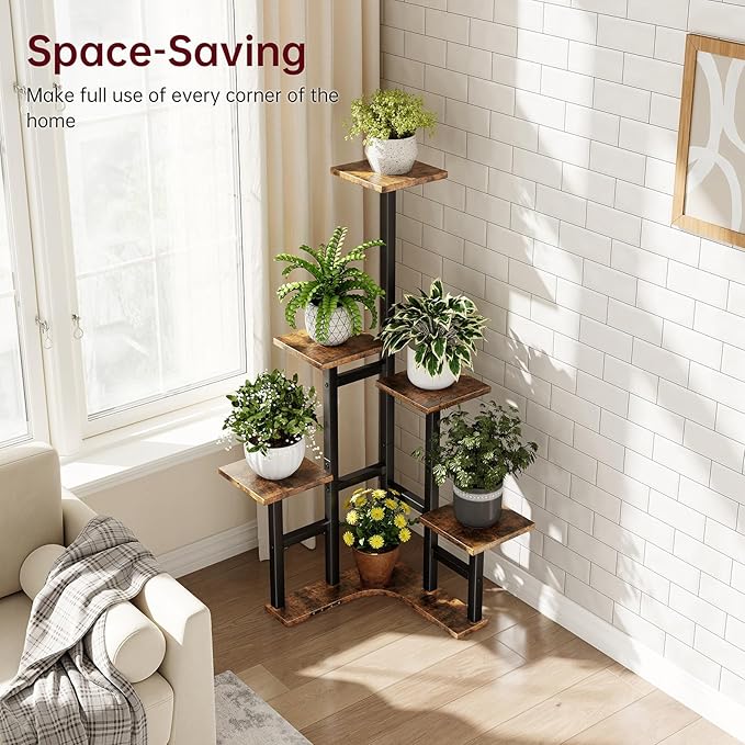 Corner Plant Stand Indoor with Grow Lights, 6 Tiered Corner Plant Shelf Flower Stand for Multiple Plants, Plant Shelves Organizer Rack for Living Room, Balcony, Patio, Square Rustic Brown Yzosvki
