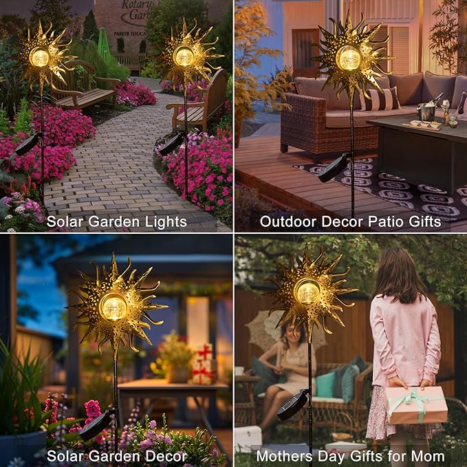 HOMEIMPRO Large Sun Solar Garden Decor Lights Outdoor Garden Gifts Mom Dad, Crackle Glass Metal Stake Backyard Decor, Waterproof LED Lights for Lawn Patio Ornaments, Mothers Day Gifts for Women Homeimpro