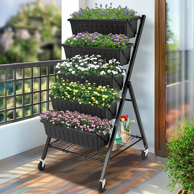Homdox 5-Tier Vertical Garden Bed with Lockable Caster Wheels and Storage Rack - 4FT Vertical Raised Bed with 5 Garden Planter Boxes- Perfect to Grow Vegetables Herbs Flowers Indoor(Black) HOMDOX