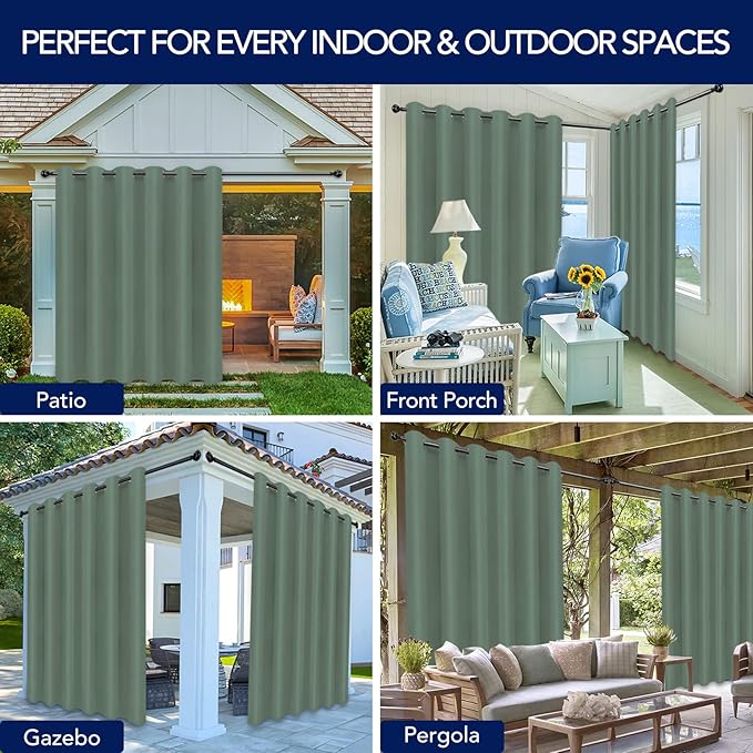 PureFit Outdoor Curtains for Patio Waterproof Weatherproof, UV Resistant Outside Curtains for Gazebo, Front Porch, Pergola, Sun Blocking Privacy Curtain, 100W x 108L inch, 1 Panel, Sage Green PureFit