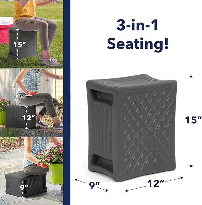 Simplay3 Handy Home 3-Level Heavy Duty Work/Garden Seat - 12" x 15" x 9" - Gray, Made in USA Simplay3