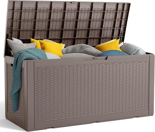 120 Gallon Resin Deck Box, Lockable Patio Outdoor Storage Box for Furniture, Garden Tools and Tools Storage, Waterproof Outside Storage Boxes - Grey OutdoorLivingPerfected