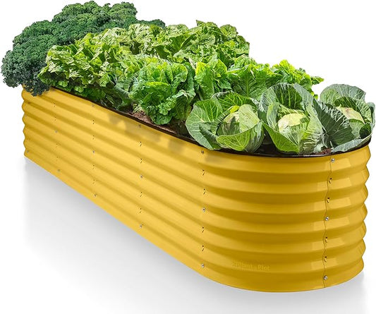 9-in-1 Galvanized Steel Raised Garden Bed // 8×2×1.5 ft Modular Planter for Gardening, Vegetables, Flowers // 18" Tall Metal Raised Garden Beds Outdoor (Yellow) // Patented Design Planter Box PlantPlot
