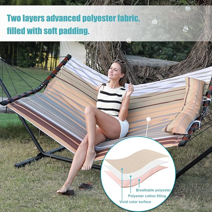 TegerDeger 12FT 2 Person Hammock Large Hammock 450LB Capacity with V Shaped Hardwood Spreader Bar & Nylon Rope for Outside, Patio, Garden, Backyard, Beach, Poolside - Fall Yellow Stripes Tegerdeger